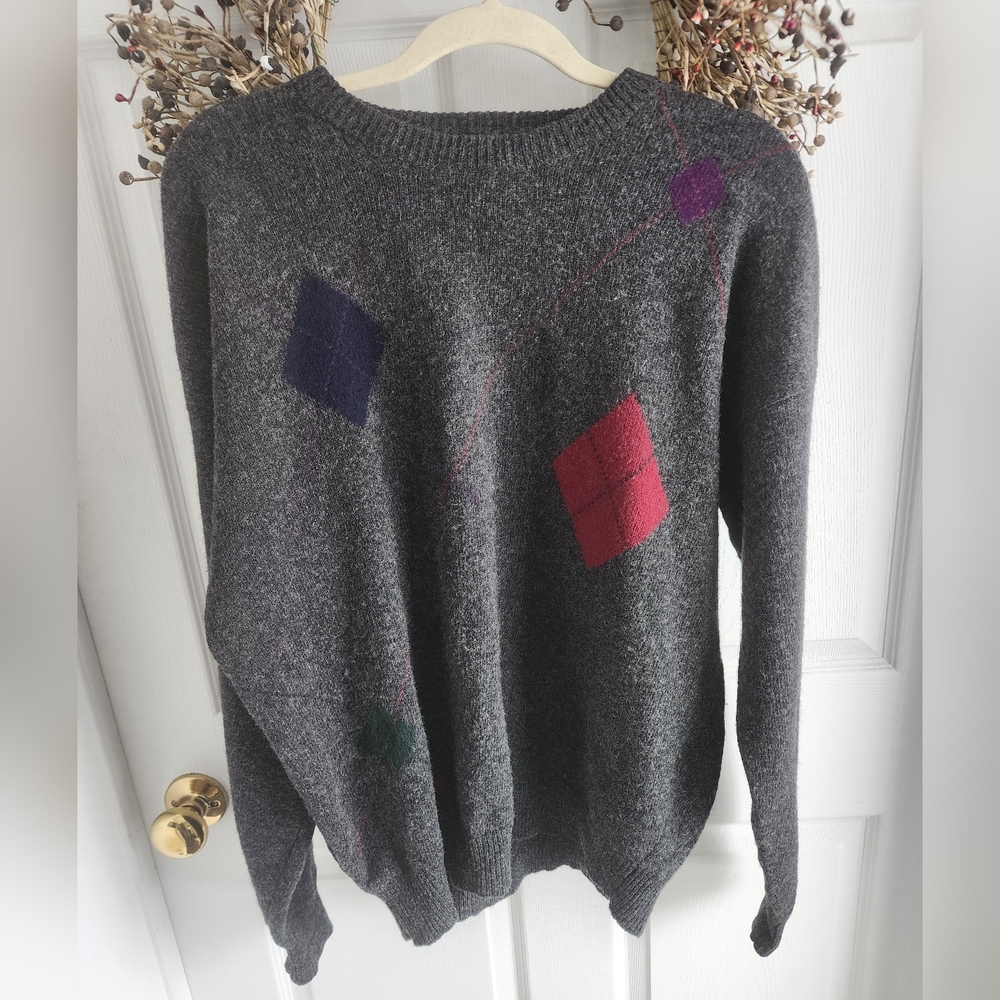 Vintage Hemisphere 100% Lambswool Argyle Gray Sweater Eclectic Grandma Grandpa